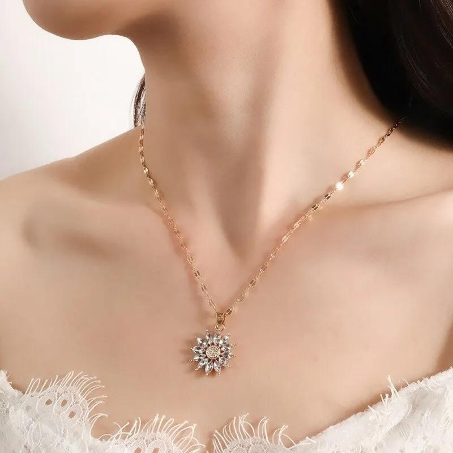 Luxury Flower Style Pendant Inlaid Zirconia Titanium Steel Chain Holiday Jewelry